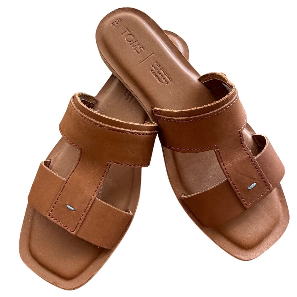 TOMS Viv Sandals Womens 7.5 Tan Leather H-Strap Square Toe Slide Brown Flat